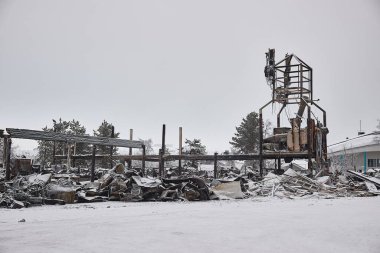 Burnt down of shopping center in Finnish Lapland. Ruins remain after the devastating fire