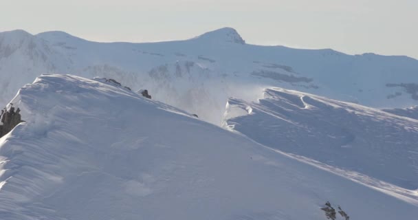 Schneekristalle Starken Wind Und Schneesturm Auf Einem Hohen Bergkamm Scharfe — Stockvideo