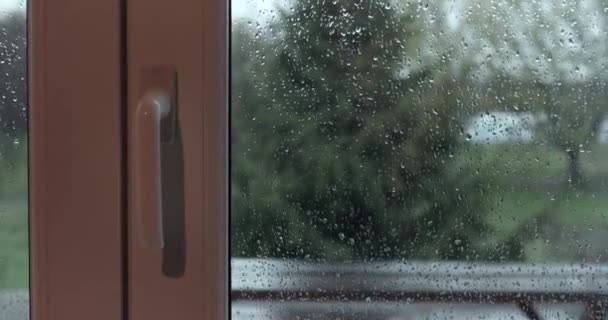 Krople Deszczu Biegające Powierzchni Szyby Ponury Widok Zewnątrz — Wideo stockowe