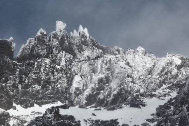 Kışın yüksek sıradağlar, kar fırtınasında buzla kaplı kayalık uçurumlar