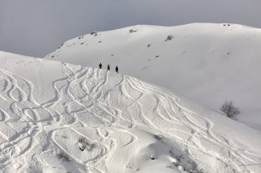 Taze kar yamacında kayak ve snowboard virajları. Tanınmayan kayakçılar en tepede duruyor.