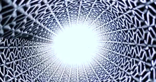 未来主义的颠簸金属格栅管 照相机穿过孔道 隧道尽头的光退去 蓝色色调 明亮的恒星 — 图库视频影像