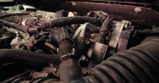 Detaily Automobilového Motoru Sondou Makro Čočky Uvnitř Motorového Prostoru — Stock video