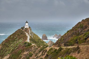 Nugget Point 'te kıyı manzarası. Yeni Zelanda' nın Güney Adası 'ndaki bir uçurumda deniz feneri var.