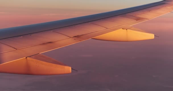 飞机窗前的清晨飞行 日出照亮飞机机翼 4K60 Fps — 图库视频影像