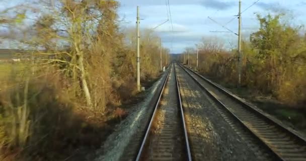 Tren Yolculuğu Bakış Açısı Son Vagonun Arkasından Yavaş Çekim — Stok video