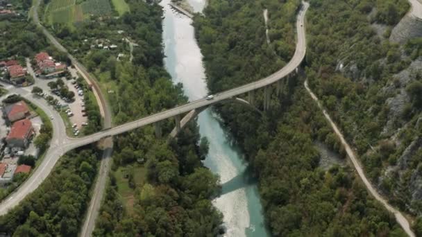 Kamenný Obloukový Most Solkanu Slovinsko Letecký Pohled Alpská Krajina — Stock video