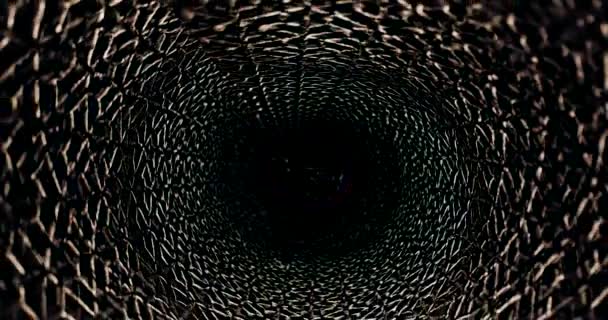 未来的な見た金属の格子管 黒い穴の原子核を形作る暗黒の空白から離れて移動するカメラ 抽象的な放射線効果 — ストック動画