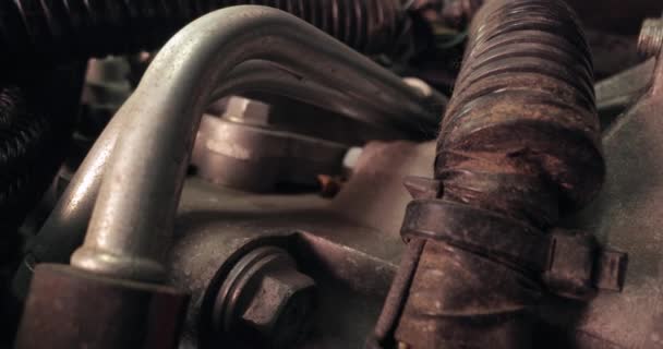 エンジンベイ内部にプローブマクロレンズを搭載した車用エンジンの詳細 — ストック動画