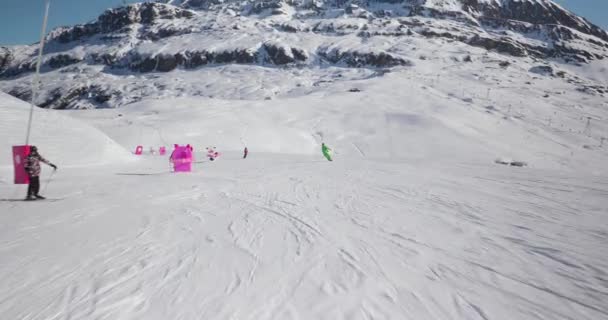Skiing Slope Alps Ski Pov View Passing Gates Ski Run — Stock Video