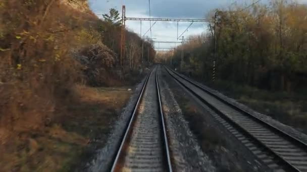 Vonat Menetiránya Utolsó Kocsi Hátuljából Lassított Felvétel Stock Felvétel
