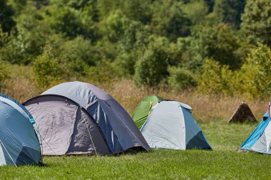 Yaz festivali kamp alanının dışındaki bir çayırda çadırlar.