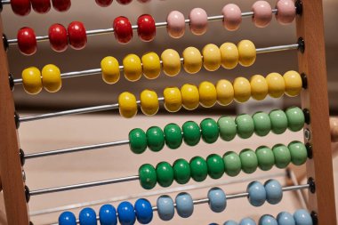 Abaküs, hesaplamalar için manüel araç, çubuklardaki boncuklarla sayıları temsil eden antik yöntem, matematiksel işlemler için uygun