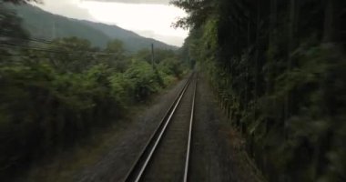 Bir tren yolculuğundan, Kasagi, Titreyen ve sallanan küçük Japon hattından görüntüler. Bereketli nehir vadisi manzarası, tek raylı tren yolu yolculuğu