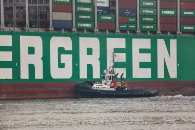 Rotterdam, Hollanda - 15 Eylül 2023: Büyük bir konteynır gemisi Evergreen Rotterdam limanında küçük bir römorkör tarafından itildi