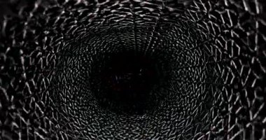 Gelecekçi görünümlü metal boru borusu, karanlık siyah boşluktan uzaklaşan kamera kara deliğin atomik çekirdeğini oluşturan soyut radyasyon etkisi.