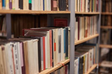 Kütüphane rafları eski kitaplarla dolu.