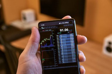 Budapeşte, Macaristan - 17 Kasım 2024: Bitcoin BTC USD fiyat tablosunu akıllı telefon ekranı, kripto para işlem araçları üzerinden kontrol etmek