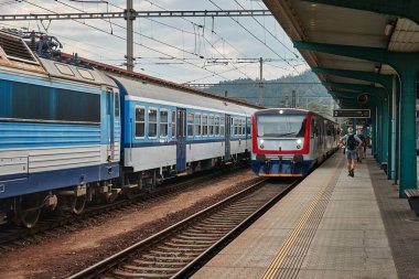 Çek Cumhuriyeti 'nde bir istasyonda, raylarda ve platformda tren
