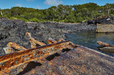 Old shipwreck rusty metal piece in a bay of Rangitoto Island, New Zealand clipart