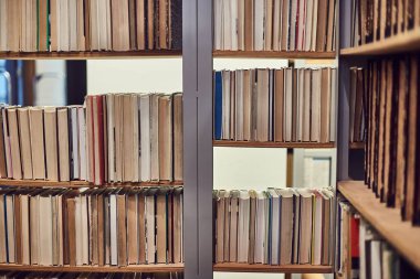 Kütüphanenin raflarında bir sürü kitap var.