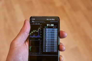 Budapeşte, Macaristan - 17 Kasım 2024: Bitcoin BTC USD fiyat tablosunun kontrol edilmesi akıllı telefon ekranı, kripto para birimi ticaret araçları ve raporları