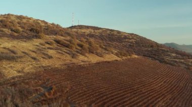 Drone aerial view landscape hills with dry vegetation wasteland
