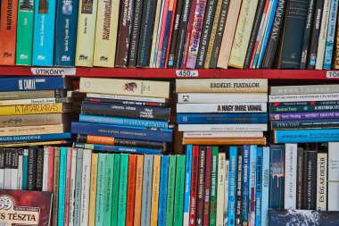 Budapeşte, Macaristan - 20 Şubat 2025: Düşük fiyata sokakta satılan eski kitaplar. Macarca dilinde çeşitli konular
