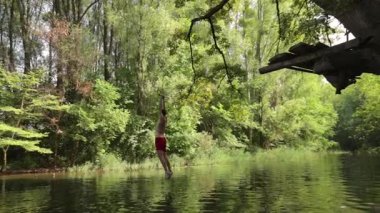 İple nehre atlayan bir adam salıncak sallıyor, 120 fps 'den yavaş çekimde, eski bir ağaçta inşa edilmiş ahşap platformdan başlıyor.