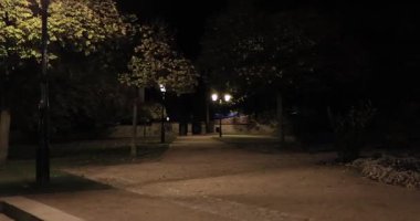 Kutna Hora 'daki Aziz Barbara kilisesinin bahçesinde gece yürürken, parktaki sokak lambaları, ilk insan manzarası.