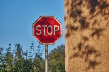 Bir bina duvarının yanındaki kavşakta ağaç dallarının gölgeleriyle dur işareti
