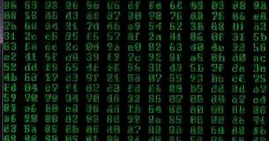 Bilgisayar kodu onaltılık biçimi ekranda rastgele kaydırılıyor ve bulanık, hızlı titreşen, altıgen değerlere dönüşüyor