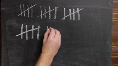 Tebeşirle sayım çizelgesi çiziliyor, beşli gruplar halinde işaretler, yeni çizgiler çiziliyor günleri ya da skoru takip ederek, hızlı zaman aşımı