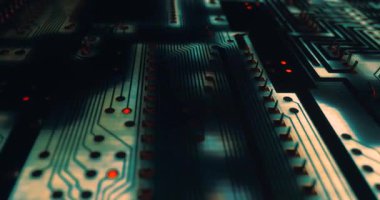 Elektronik bilgisayar devreleri, yeşil ışıkta parlayan baskılı devre makrosu, teknoloji arka planı.