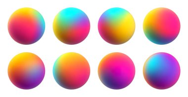 Yaratıcı dijital sanat tasarımları için canlı ve canlı gökkuşağı renklerine sahip renkli eğimli küreler. Yaratıcı projeler için bulanık renklere sahip renkli mat küreleri. Vektör illüstrasyonu