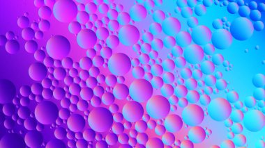 Makro görünümün renkli soyut dinamik arka planında mavi mor ve pembe karışımın farklı tonlarında suyun içinde şeffaf yağ damlaları var. Su yüzeyinde yakın çekim, canlı yağ kabarcıkları. Vektör illüstrasyonu