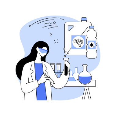 Böcek ilacı karikatür çizimi. Laboratuvarda böcek ilacı üreten kadın, tarım sektörü, tarım giriş sektörü, bileşen vektör karikatürünü karıştırma.