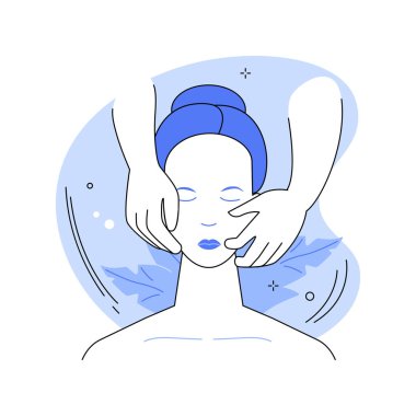 Yüz masajı izole edilmiş karikatür vektör çizimleri. Kadın güzellik salonunda yüz masajı yaptırıyor, profesyonel usta eller, dış görünüş bakımı, cilt bakımı, güzellik prosedürleri vektörü.