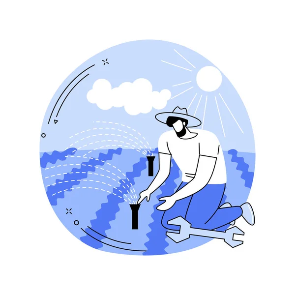 Bestrooi Irrigatiesystemen Geïsoleerde Cartoon Vector Illustraties Boer Installeert Sprinkle Irrigatiesystemen — Stockvector