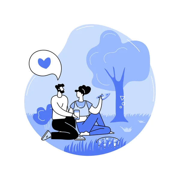 幸せな週末孤立した漫画のベクトルイラスト 幸せなカップルの笑顔と市内公園で軽食 一緒にピザを食べる 人々の都市生活 夏の週末のベクトル漫画 — ストックベクタ