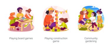 Ders dışı aktivite karikatür vektör çizimi seti. Masa oyunları, yaratıcı yapılar, bahçecilik, okul öncesi ve sonrası eğitim programı vektör karikatürü.