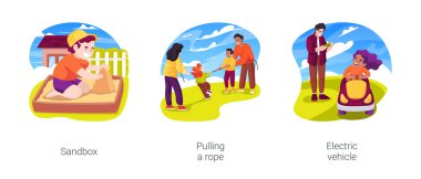 Açık hava yaz aktiviteleri karikatür vektör çizimi seti. Arka bahçe kum havuzu, açık hava oyun alanı, takımlar halatı farklı yönlere çeker, çocuk elektrikli araç vektör karikatürü kullanır..