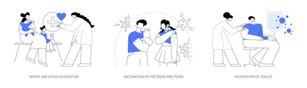 传染病预防抽象概念矢量图集 婴幼儿疫苗接种 青春期前 青少年和成年人免疫计划 流感疫苗接种 医疗抽象比喻 — 图库矢量图片