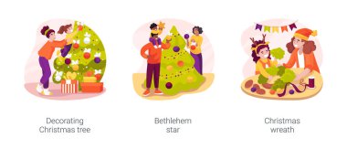 Noel karikatür çizimleri için evi dekore ediyorum. Mutlu aile süslemeleri, Beytüllahim yıldızını asma, anne ve kızı birlikte çelenk yapma vektör karikatürü..