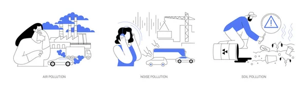 生态问题抽象概念向量图集 空气和噪音污染 土壤污染 城市烟雾 车辆废气 全球变暖 土地退化 环境抽象比喻 — 图库矢量图片