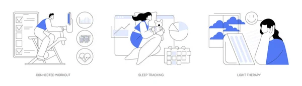 健康维护和福祉抽象概念向量图集 连接锻炼 睡眠跟踪 光疗法 智能健身房 运动视频辅导 可穿戴监视器抽象隐喻 — 图库矢量图片