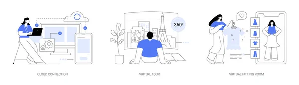 在线数据传输和虚拟经验抽象概念向量图集 云端连接 虚拟旅游 虚拟试衣间 互联网连接 网页3D旅游抽象隐喻 — 图库矢量图片