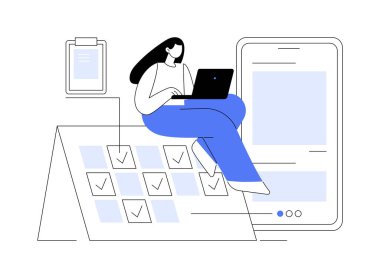 Düzenli blog, soyut konsept vektör illüstrasyonunu gönderir. İçerik pazarlama servisi, dijital ajans web sitesi, UI ögesi, navigasyon menüsü, blog post prodüksiyonu, düzenli soyut metafor.