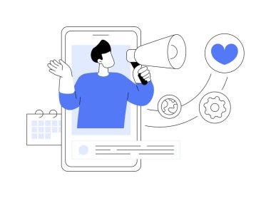 Çevrimiçi PR soyut konsept vektör çizimi. Halkla ilişkiler çevrimiçi çözümü, dijital PR hizmeti, ajans web sitesi ögesi, çevrimiçi medya iletişimi, UI tasarımı, menü çubuğu soyut metaforu.