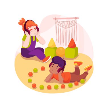 Sakinleştirici müzik dinlemek izole çizgi film çizimi. Otizmli çocuklar için sakinleştirici aktivite, rahatlama oturumu, ses terapisi, anaokulu, çocuk bakımı vektör karikatürü.